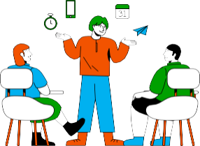 illustration de trois personnes qui échangent dans un bureau.